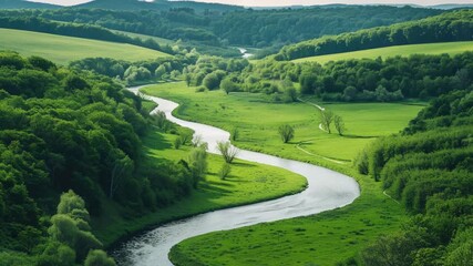 Aufkleber - A serene river runs through a lush green valley with trees and hills in the background