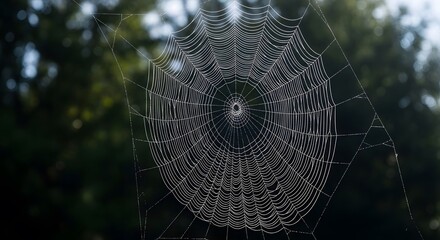 A delicate spider web glistening with dew drops in the sunlight, set against a blurred green forest background