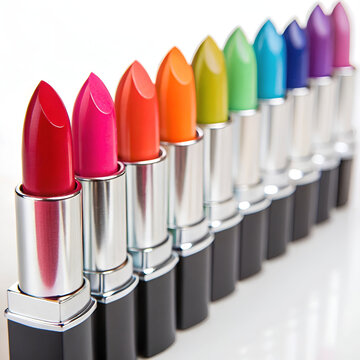 A bright lipstick collection displayed in stunning rainbow shades.
