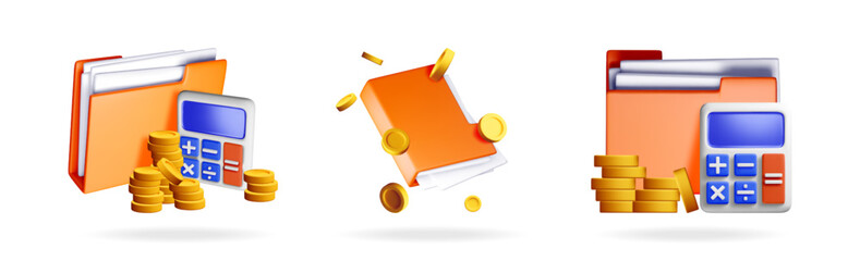 Poster - 3D render of financial accounting concept with folder, calculator, and gold coin objects. Business and tax calculation.