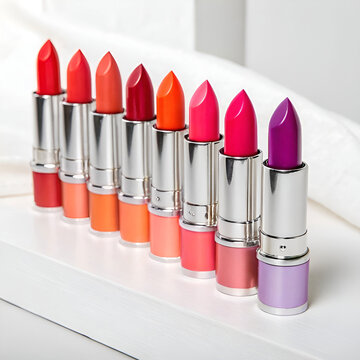 A bright lipstick collection displayed in stunning rainbow shades.