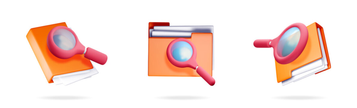 Set of 3d rendering folder with paper document and magnifying glass for file search, data management, and storage.