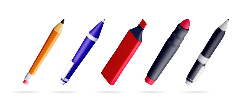 Set of 3d rendering illustration for writing and drawing supplies. Pencil, pen, marker, highlighter on white background. Office and school stationery for design.