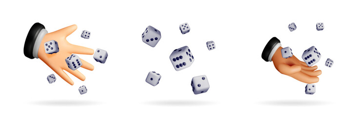 Poster - Man hand rolling dice. Set of falling white game cubes. Casino and gaming concept. Chance, risk, and luck.