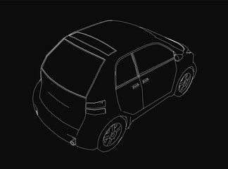 Poster - A small car with clean contours stands out in detailed black and white line art. The sleek curves and precise lines highlight its design against a solid black background.