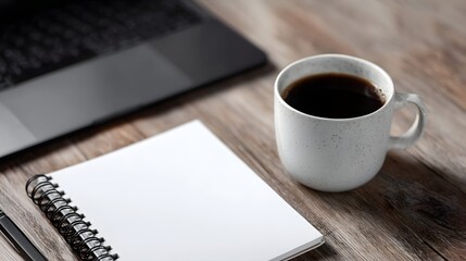 Poster - Minimalist workspace with laptop notebook and coffee on wooden desk