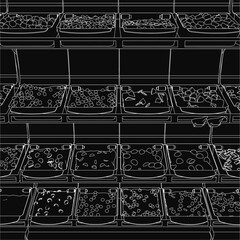 Poster - A black and white illustration of a shelf stocked with various fruits and vegetables, featuring bold contours and vibrant details. The solid black background enhances the contrast.