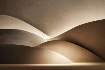 Aufkleber - Curved artificial sand dune shapes with smooth texture and soft lighting create calm, abstract studio scene, evoking peaceful and minimalistic atmosphere