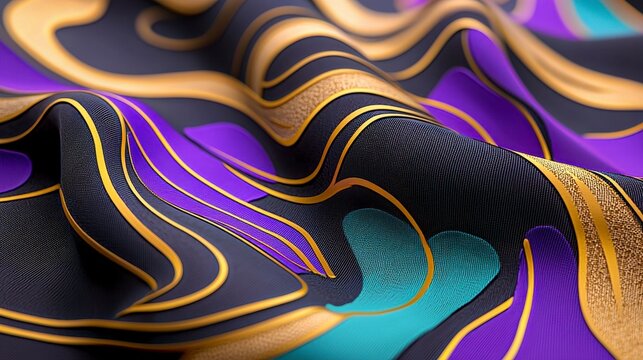 Detailed Purple Gold and Black Swirl Pattern Fabric Macro Shot Showing Wavy Textile Design