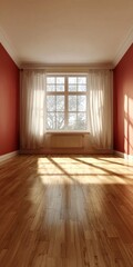 Poster - Bright and Inviting Empty Room with Warm Red Walls and Natural Light in a Modern Minimalist Style