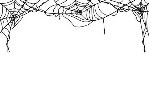 Spider's web, on a postcard or invitation, black and white ink sketch. Vector illustration. Traditional Halloween party decor is isolated on a white background. For postcards, invitations, printing