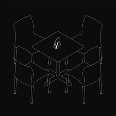Poster - A black and white contour drawing of a table surrounded by four chairs, featuring a single object placed on the surface. The dark background emphasizes the clean line art style.