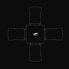 Poster - A black and white contour drawing of a table surrounded by four chairs with a single object placed on top, viewed from above. The dark background highlights the clean lines and minimalist style