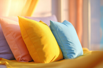 Aufkleber - Soft cushion warm light pastel pillow yellow blue orange cozy home decor comfortable relaxation bedroom
