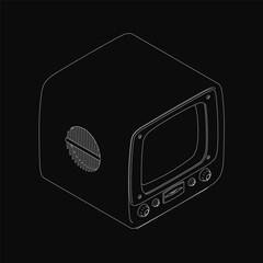 Poster - Vintage black and white television with a round screen and classic buttons stands isolated on a dark background. The contour illustration highlights retro design elements of old-school broadcasting.