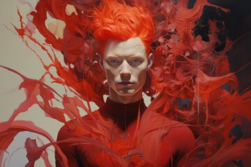 Poster - Male model with orange hair posing with red paint dynamically splashing around him