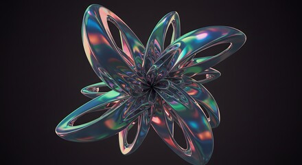Leinwandbilder - Abstract iridescent flower-like structure with multiple loops and reflective surfaces against a dark background, creating a futuristic and artistic visual.
