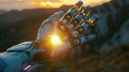 Poster - Robot hand with bright LED light, suitable for technology and innovation concepts