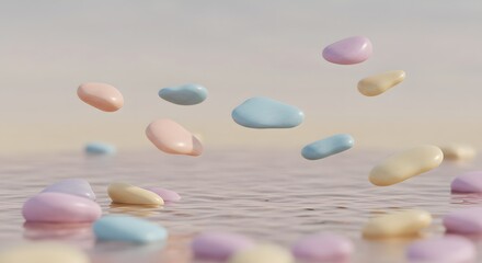 Poster - Pastel-colored pebbles hover above a reflective surface, creating a serene and calming abstract composition with a soft, dreamlike quality.