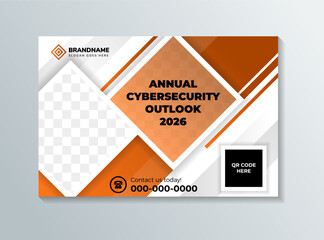 Poster - annual cyber security outlook 2026 template banner. brown gradient diagonal element and space for photo. isolated white background.