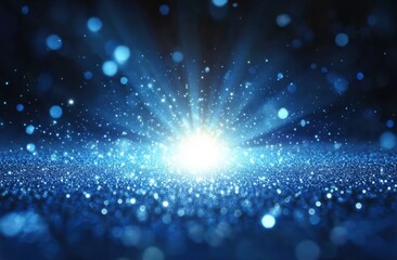 Poster - Sparkling Blue Light Rays with Shimmering Particles Creating a Magical Glow Effect in a Deep Blue Background