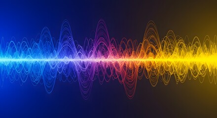 Fototapete - Abstract visualization of a waveform, transitioning from blue to yellow, with oscillating lines representing sound or energy.