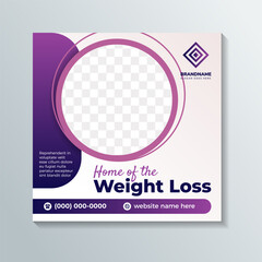 Poster - home of the weight loss amp health centre social media post banner template. combination of pink and purple gradient colors with space for photo. 