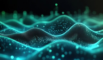 Poster - Abstract Digital Waves with Bright Particles in Vivid Blue and Green Colors Representing Data Visualization Technology and Innovation Concepts