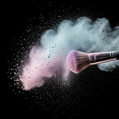 Wall Mural - brush on black background. Pastel powder explosion with makeup brush on black background.