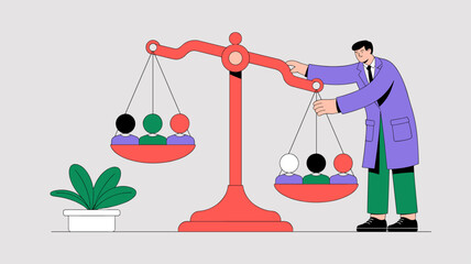 researcher adjusting scale with diverse group icons vector illustration, bias in ai, algorithmic fairness and preventing digital discrimination