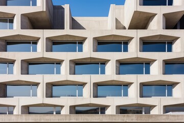 Poster - Geometric concrete facade of a brutalist style building with repetitive windows reflecting blue sky