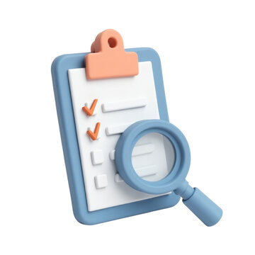 A whimsical 3D rendering of a checklist on a clipboard, presented against a clean transparent