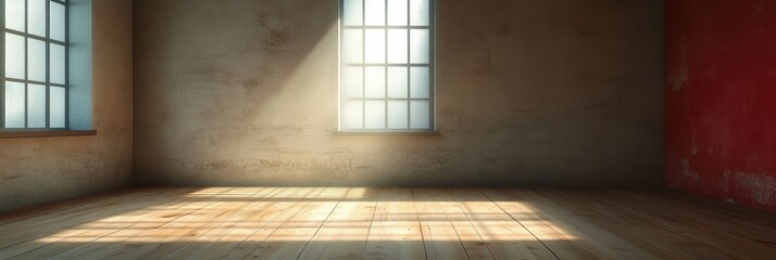 Poster - Empty Minimalist Room with Soft Beige Plaster Walls and Bright Light Beams on Hardwood Floor