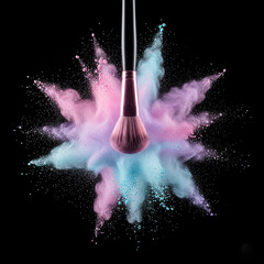 Wall Mural - make up brushes. brush on black background. Pastel powder explosion with makeup brush on black background.