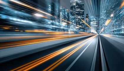 Poster - Futuristic High-Speed Cityscape Featuring Dynamic Digital Data Streams and Blurring Lights at Night