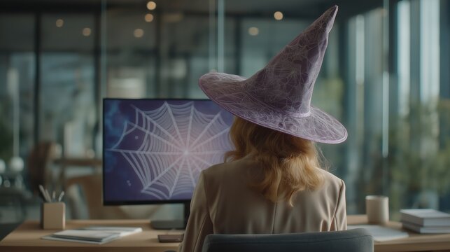 Woman wearing a purple witch hat is seated at a desk, focused on a computer screen displaying a spider web design, creating a festive Halloween atmosphere in a modern workspace