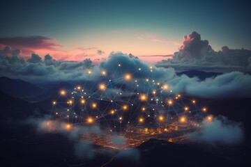Poster - Futuristic network connecting a city at sunset, demonstrating cloud computing and global data connections