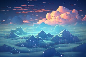 Fototapete - Fiber optic cables transferring digital information through a cloudy fantasy sky at sunset
