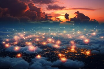 Fototapete - Network connecting cities at sunset above clouds during twilight