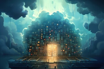 Aufkleber - Cloud computing servers behind glowing doorway in a digital world, symbolizing data access and technology