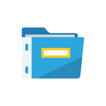 A flat, blue folder icon with a yellow label, white pages, and a binder spine, presented in a clean, minimalist, graphic style.