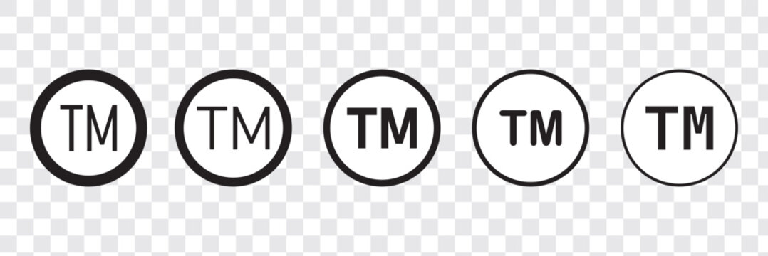 TM icon. Set of tm icons. Trademark symbols. Line trade marks. Signs of copyright. Logo for patent and trademark isolated on transparent background. Vector