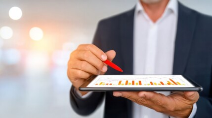 Poster - Data Visualization: A professional individual, presenting insights on a tablet, highlighting detailed statistical analyses to indicate market trends and strategies for business optimization.