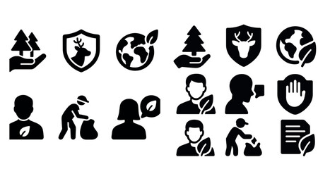 Fototapete - Collection of icons that represent different concepts related to the environment. Some of the icons include a tree, a deer, a person holding a bag, and a person holding a hand