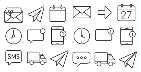 Fototapete - Collection of icons for various communication and scheduling apps. The icons include a clock, a calendar, a phone, a truck, a plane, a paper airplane, and a heart. The icons are all in black