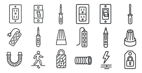 Fototapete - Collection of tools and electrical items are shown in a black and white style. The tools include a wrench, screwdriver, and pliers