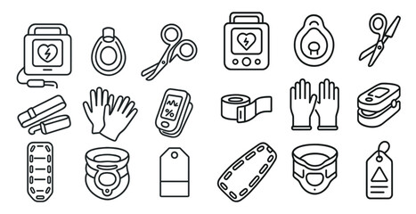 Fototapete - Collection of medical supplies and equipment. The supplies include a stethoscope, scissors, and gloves. The equipment includes a defibrillator and a heart monitor