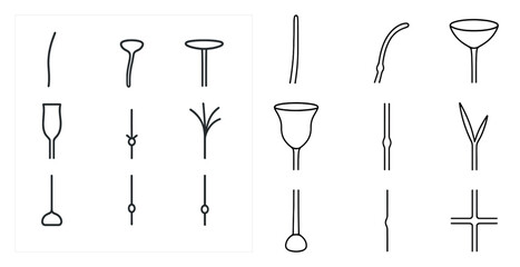 Poster - Series of different types of glasses, including wine glasses, shot glasses, and tall glasses. The glasses are all drawn in a stylized, abstract manner, with varying shapes and sizes