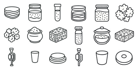 Poster - Collection of food items and kitchen utensils are shown in a black and white style. The items include a cup, a bowl, a spoon, a bottle, a jar, a spoon, a cup, a bowl, a spoon