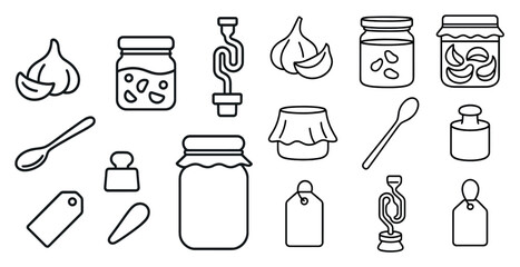 Fototapete - Collection of kitchen items, such as jars, spoons, and tags, are displayed in a line. The jars come in various sizes and shapes, and some are filled with food items like garlic and herbs